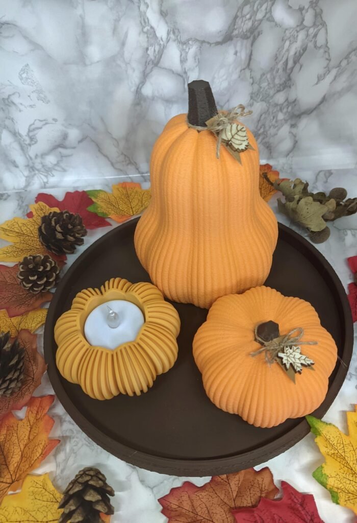 3D Printed Ribbed Pumpkin Set, Minimalist Autumn Table Centerpiece, Tealight Candle Holder, Modern Fall Home Decor, Thanksgiving Gift